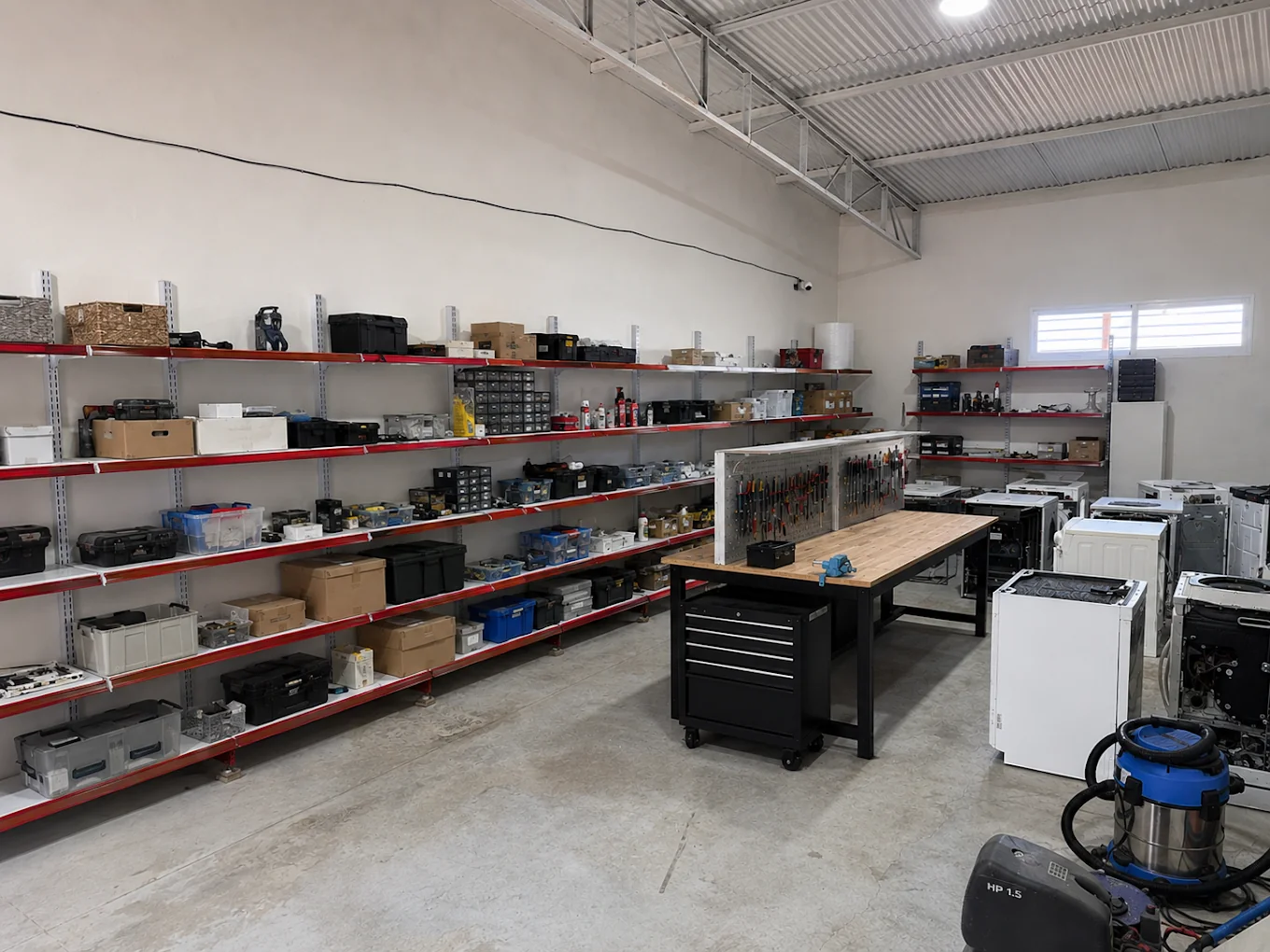 Interior del taller de SatServi en Murcia con herramientas, repuestos y electrodomésticos